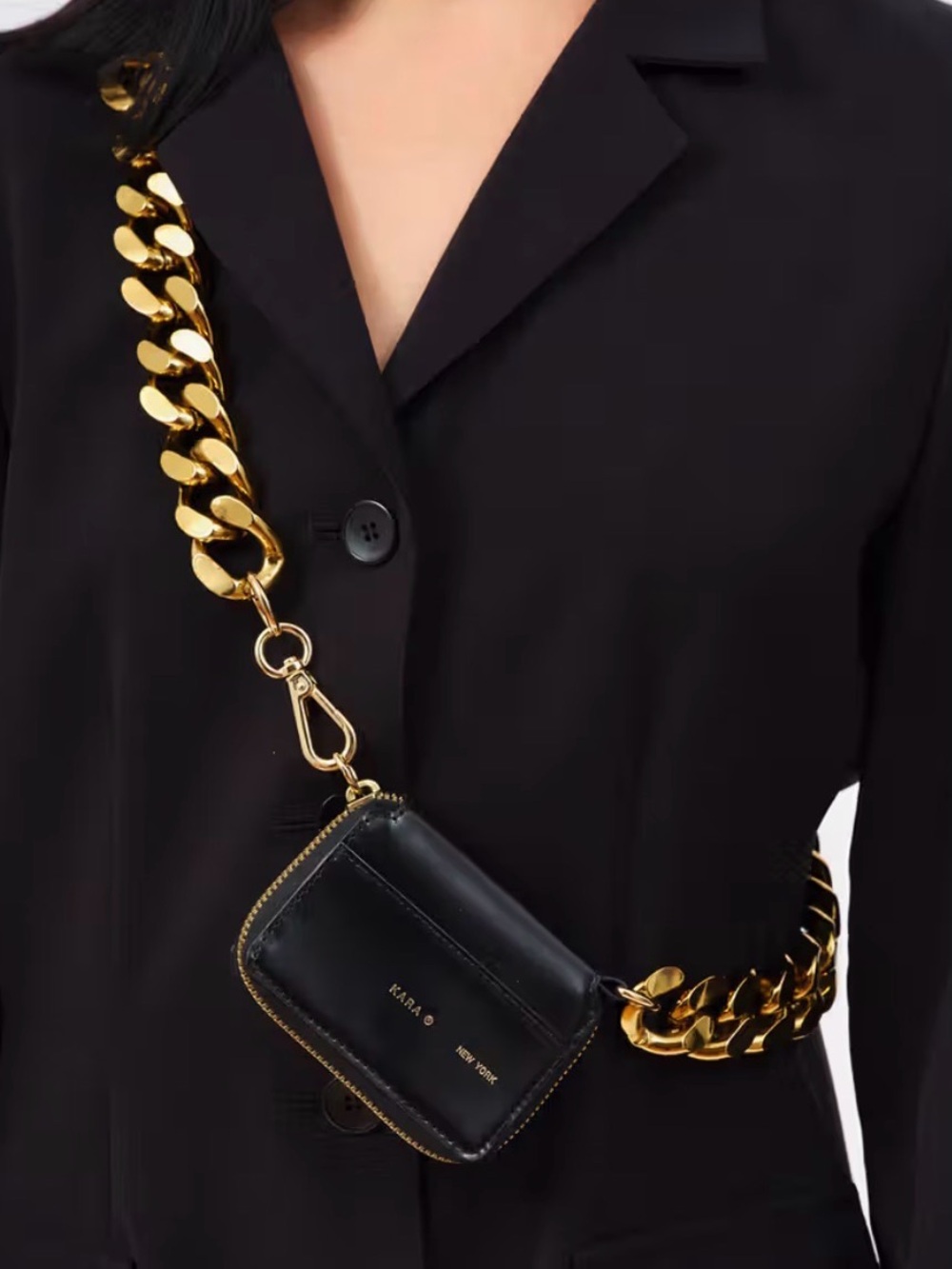 Black Leather Mini Crossbody with Gold Chain Strap